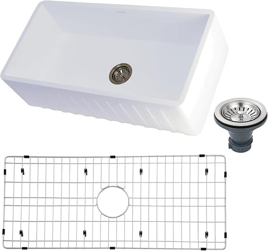Gourmetier KGKFA361810CD 36-Inch x 18-Inch Single Bowl Apron-Front Farmhouse Kitchen Sink with Drain, Matte White/Brushed