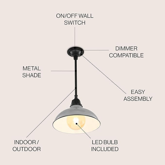 JONATHAN Y 12.25" Gray/Black 1-Light Farmhouse Indoor/Outdoor LED Pendant Iron Hanging Light, and Black Metal Shade, Rustic Ceiling Lamp for Kitchen Island, LED Bulb Included (JYL7611D)