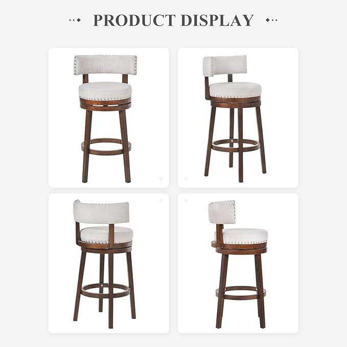 COLAMY Swivel Bar Stools Set of 3, Counter Height Barstools with Back, 30 Inch Modern Upholstered for Kitchen Island, Beige