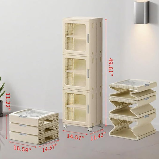 3-Tier Narrow Bathroom Storage Cabinet with Clear Doors and Adjustable Shelves, Plastic Slim Bathroom Organizers and Storage Small Spaces Pantry Kitchen Laundry Room Quick Assembly, Beige