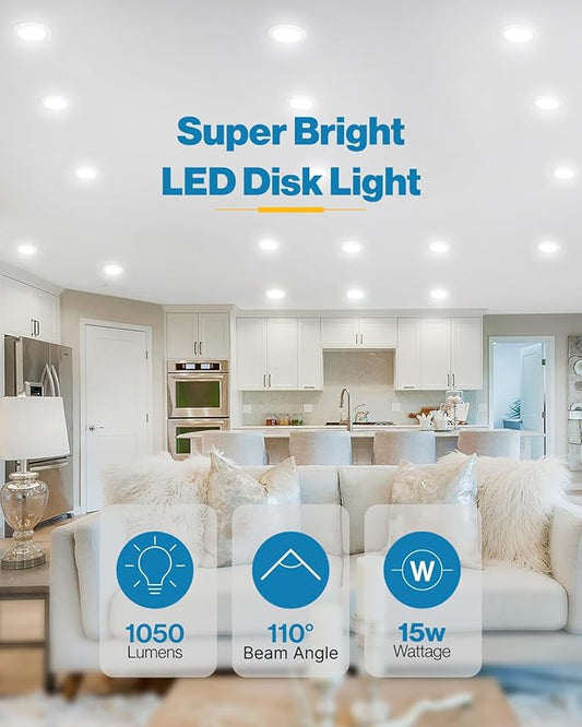 Sunco 12 Pack 5/6 Inch LED Disk Lights, Disc Lights Ceiling, LED Flush Mount Recessed Can Lighting, 1050 LM, 3000K Warm White, Dimmable, 15W=75W, Damp Rated ETL.
