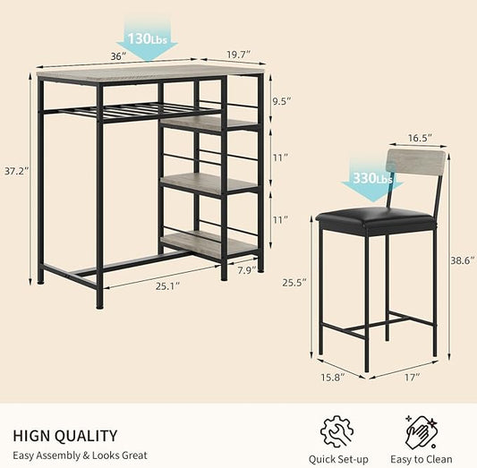 3-Piece Modern Dining Set, Dining Table Set with 2 Upholstered Bar Stools,Bar Table Set w/ Metal Frame&Built-in Wine Rack for Kitchen Dining Room Apartment Breakfast Nook 36"L x 16.7"W x 37.2"H Gray