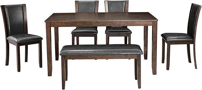 6-Piece Dining Table Set with Bench, Modern Wood Dining Table Set for 6, Kitchen and Dining Room Table and Chairs Set, Grey & White Two-Tone