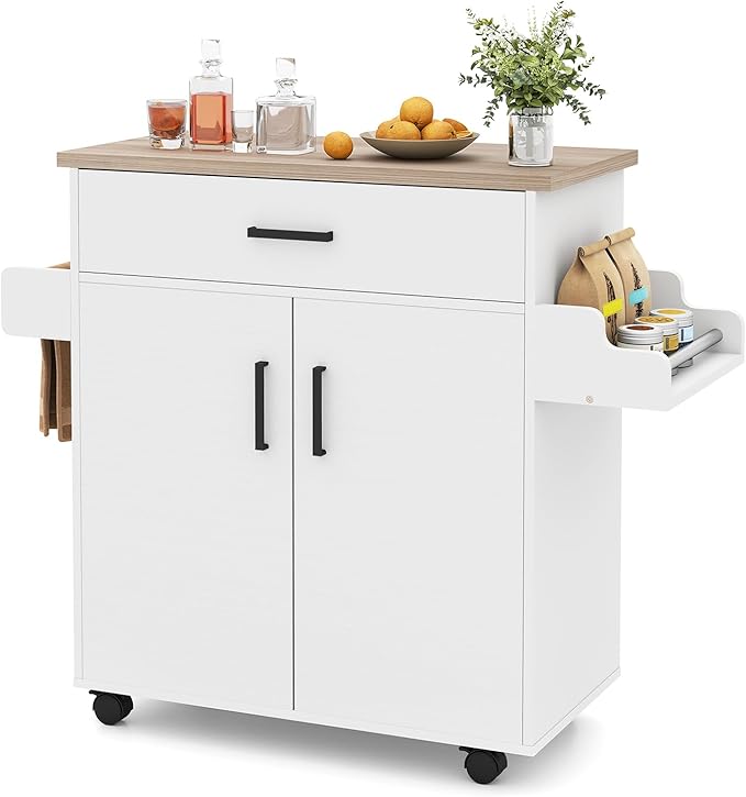 Giantex Kitchen Island with Storage, 41.5" W Rolling Island Table with Cabinet, Drawer, Towel Rack & Spice Rack, Bar Kitchen Cart On Wheels for Living Dining Room, White