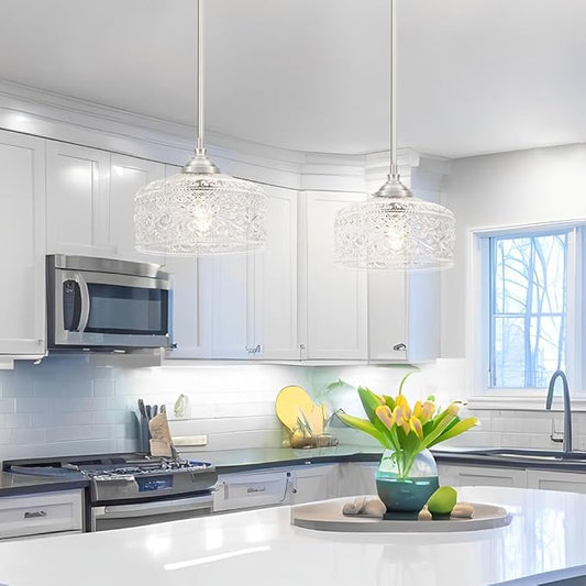 Modern Brushed Nickel Pendant Lights Kitchen Island, Bathroom Pendant Light with Clear Glass, Pendant Lighting over Island with Adjustable Rod, Farmhouse Hanging Light for Dining Room Hallway, E26