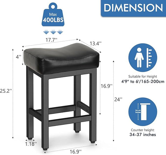 Raynesys Counter Height Bar Stools Set of 2, 24 Inch Barstools for Kitchen Island Counter, Bonded Leather Kitchen Stools with Thick Saddle Seats & Heavy Duty Metal Base, Easy Assembly, All Black