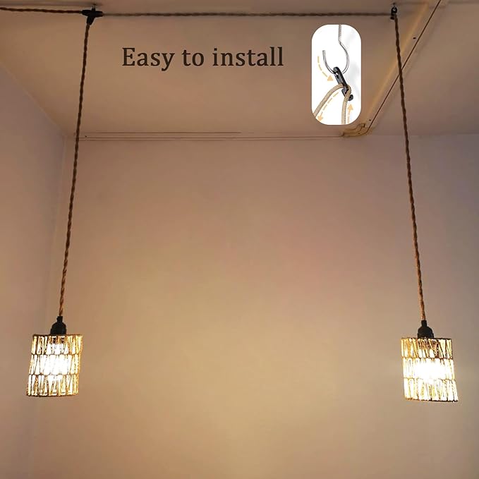 2-Light Plug in Pendant Light Cord, 19.68 ft Hemp Rope Hanging Lights with Switch, 2 Bulbs E26 Sockets Vintage Hanging Lamp Fixtures DIY for Kitchen Island Dining Room Bedroom