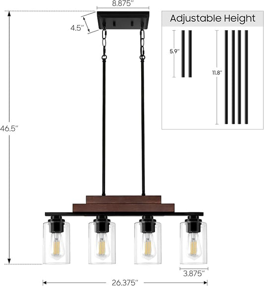4-Light Linear Chandeliers for Dining Room, Farmhouse Dining Room Light Fixture Over Table, Matte Black Pendant Kitchen Island Lighting, Wood Ceiling Light Fixture Hanging with Clear Glass Shade