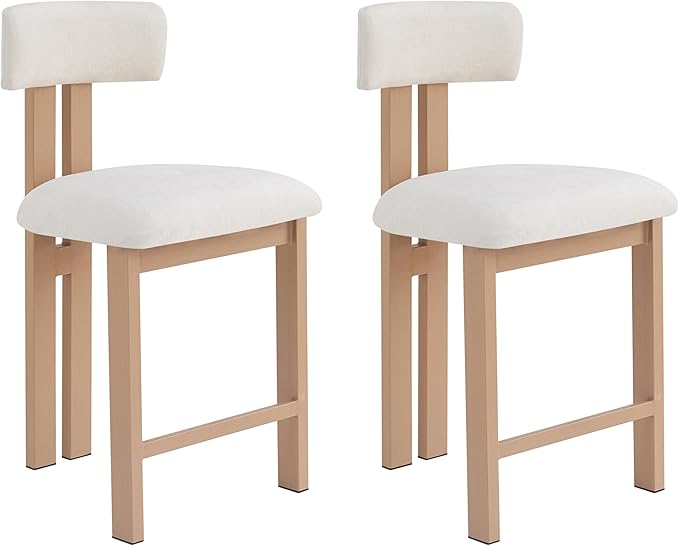 Set of 2 Modern Round Bar Stools with Low Back, 26.5" Height Upholstered Fabric Seats and Natural Iron Frame for Kitchen Island, Dining Counter, Home Bar,Natural+White