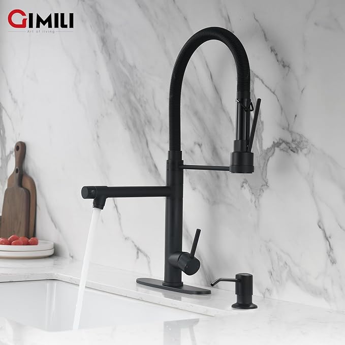 GIMILI Matte Black Kitchen Faucet with Soap Dispenser Commercial Kitchen Faucet with Pull Down Sprayer Double-Headed Single Handle Spring Stainless Steel Kitchen Sink Faucet