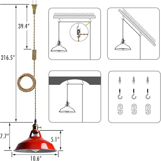YUBOLE Plug-in Pendant Light Vintage Red Barn Shade Hanging Light Fixture Adjutable Hanging Cord with On-Off Switch Swag Lamp for Kitchen Bar Cafe Bedroom Loft