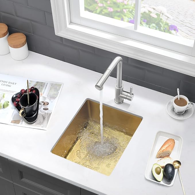 13 Inch Gold Bar Sink Undermount-VASOYO 13x15 Inch Undermount Bar Sink Gold Small Rv Kitchen Sinks Outdoor Island Sinks 16 Gauge Stainless Steel Single Bowl Basin with Bottom Grid