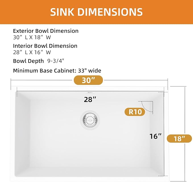 Quartz Kitchen Sink, 30 Inch White Undermount Kitchen Sinks, Deep Single Bowl Granite Composite Sink, Modern Sinks Providing Complete Accessories, Spacious Workspace and Easy Cleaning