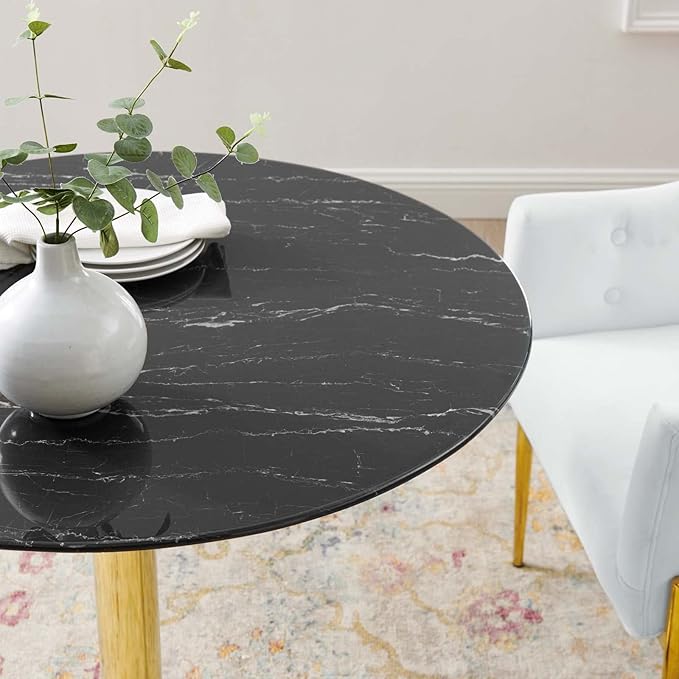 Modway Verne Round Artificial Marble 35" Dining Table in Gold Black