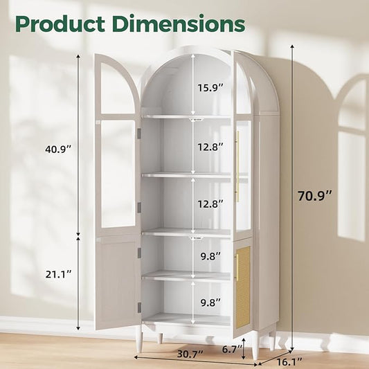 71" Arched Storage Cabinet, 5-Tier Modern Farmhouse Kitchen Pantry Cabinet with Glass & Rattan Doors, Adjustable Shelf for Living Room, Dining Room, or Office, White