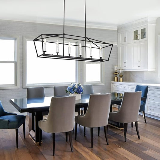 BONLICHT Modern Farmhouse Rectangle Dining Room Light Fixtures Black 6 Light Linear Chandelier Industrial White Kitchen Island Pendant Lighting Classic Ceiling Lights with Adjustable Rods, E12 Base