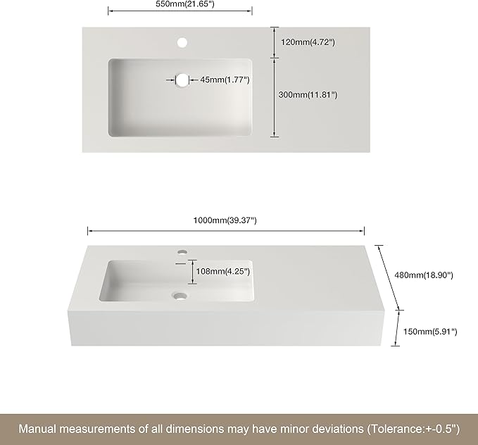 39.4"x18.9" Wall Mount Bathroom Vanity with Stone Resin Sink, White Floating Vanity Sink, Rectangular Vessel Sink for Bathroom, Modern Trough Design Matte White