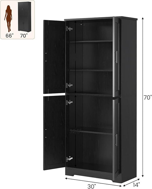IDEALHOUSE Pantry Cabinet,70" Tall Kitchen Pantry Cabinet with 4 Doors and 3 Adjustable Shelves, Freestanding Cupboard, Modern Storage Cabinet for Bathroom, Dining Room, Living Room, Black