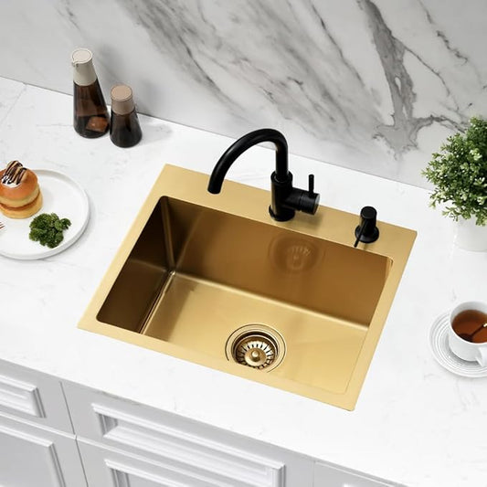 Gold Drop In Bar Sink,20x16 Top Mount Wet Bar Sink Single Bowl 16 Gauge Small Sink Stainless Steel Deep Basin