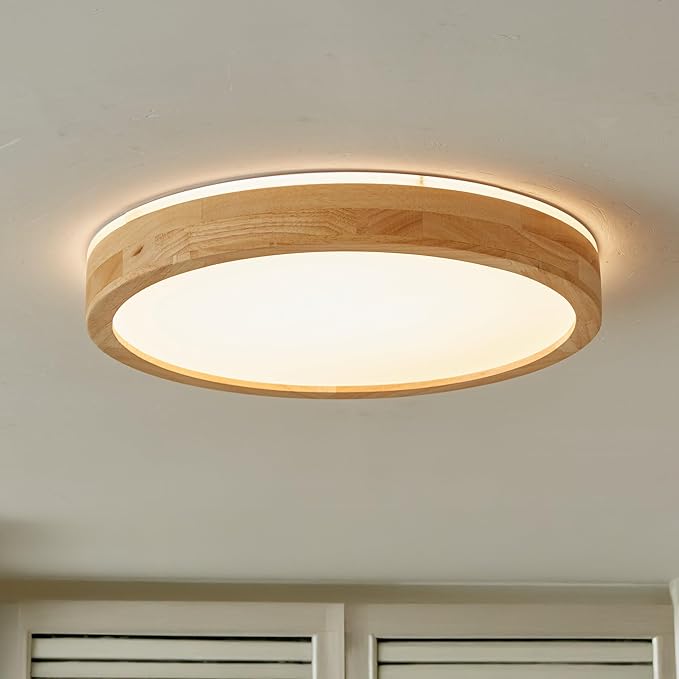 LED Ceiling Light Fixture 15.74, Handcrafted Natural Wood Modern Wabi-Sabi Style, 42W LED 3000K-4000K-6000K, Low Profile Lamp for Bedroom Kitchen Hallway Dining