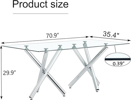 71” Rectangle Dining Table, Large Modern Dining Table for 6–8 People with 0.4" Thickened Tempered Glass Top, Glass Kitchen Table with Silver Metal Legs for Dining Room