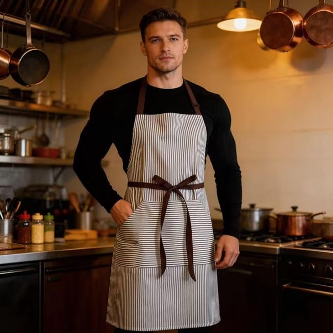 Kitchen Apron with 3 Pocket, Adjustable Server Apron, Waitress Apron with Pockets Stripes