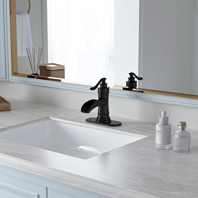 BWE Matte Black Waterfall Bathroom Sink Faucet 1 Hole or 3 Hole, Single Handle Bathroom Vanity Faucet with Pop-Up Drain and Water Supply Lines