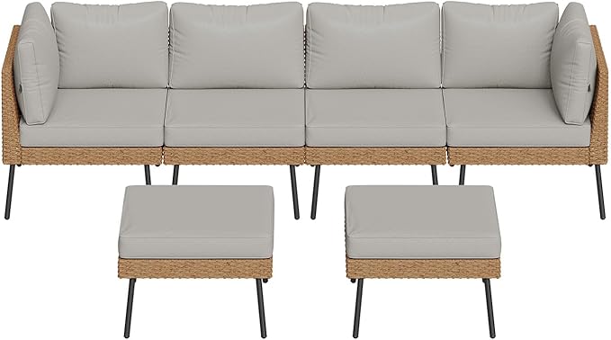 Aoxun 6 Piece Patio Furniture Set, 6 Seats Outdoor Sectional Sofas with Thick Cushion, Wicker Outdoor Patio Furniture Set with Ottomans for Party, Garden, Backyard, Grey