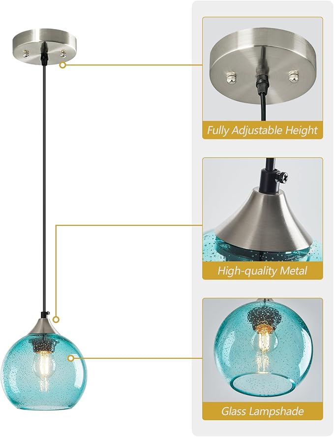Light Blue Glass Pendant Lights Kitchen Island Globe Pendant Light Fixtures Modern Pendant Lighting for Bedroom Living Dining Room Light Fixture (5.9 in, 2 Pack)