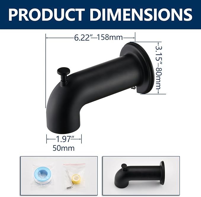 Slip-On Tub Spout with Diverter Long for Bathtub Spout, Fit for 1/2 Inch Slip Pipe, Matte Black