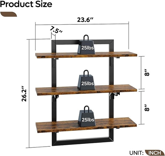 Bestier Floating Shelves for Wall, 24 inch Kitchen Shelves Wall Mounted, 3 Tier Coffee Bar Shelf with Foldable Brackets, Industrial Display Shelf for Bathroom, Living Room, Rustic Brown