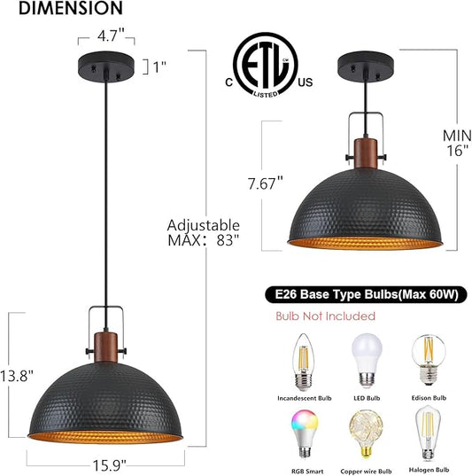 16 Inch Black Pendant Lights Hammered Matte Pendant Lights for Kitchen Island Industrial Farmhouse Adjustable Height Dome Hanging Light Fixtures for Barn, Dining Room 1 Pack