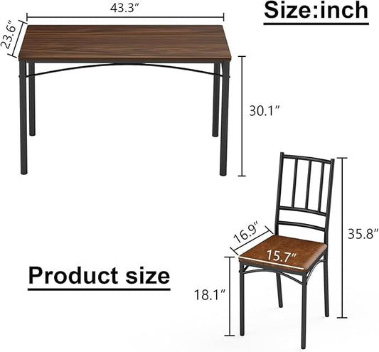 5 Piece Dining Table Set for 4, Farmhouse Kitchen Table and PU Chairs, Small Space Compact Dinette, Wood Top & Metal Frame, Breakfast Nook Set for Apartment Dining Room (Walnut+Black)