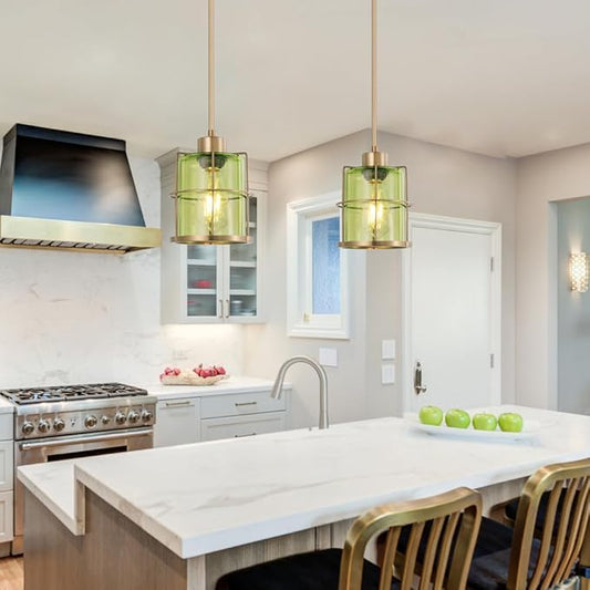 Farmhouse Pendant Lights Kitchen Island Set Of 2, Black Kitchen Pendant Lighting Over Sink, Adjustable Bathroom Pendant Lights, Ceiling Hanging Fixture With Green Glass For Dining Room Hallway