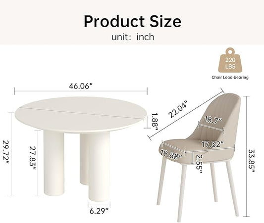 Miuuod 46in White Round Dining Table with 4 Chairs,Sturdy Kitchen Table,Large Center Coffee Table Set for 2-6 People,Leisure Round Table for Balcony Dining Room,Living Room