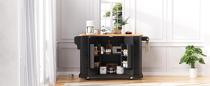 Ball & Cast 56" Large Kitchen Island with Drop Leaf and Power Outlet,Rolling Kitchen Cart on 4 Wheels W/ 6 Drawers,Folding Storage Dining Table W/Spice & Towel Rack,for Kitchen,Dining Room,Black