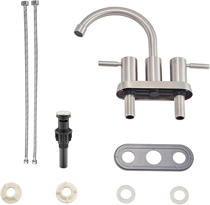 IKEBANA Brushed Nickel Bathroom Faucet, 2 Handle Bathroom Sink Faucets Centerset, 360° Swivel High-Arc Spout Modern 4 inch Bath Faucet Lead-Free for Vanity Lavatory with Pop-up Drain & Water Hoses