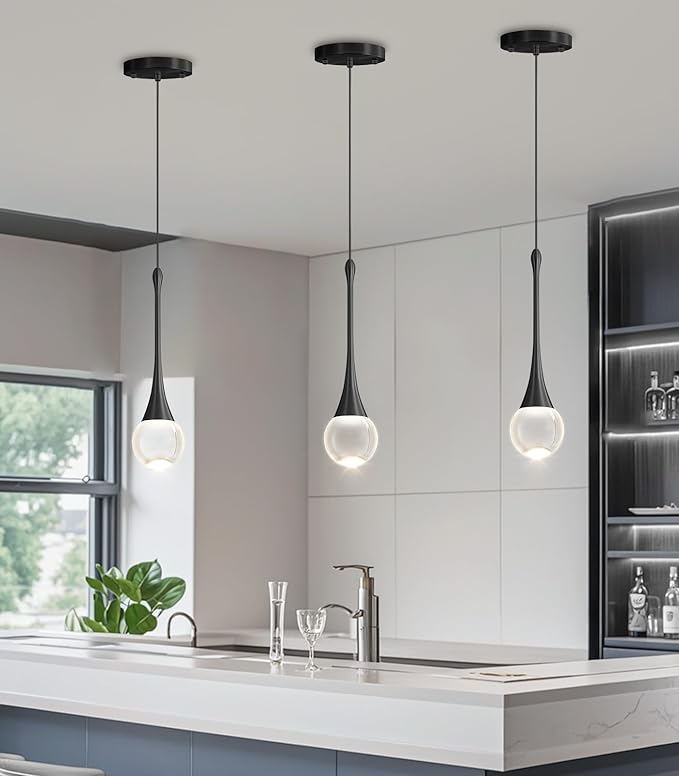 Modern Kitchen Island Pendant Lights Dimmable LED Crystal Chandelier Hanging Pendant Chandelier Black 3 Pack