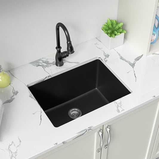 Sarlai 24 Inch Undermount Laundry Sink Granite Composite - 12 Inch Deep Utility Laundry Sink 24x18 Black Kitchen Sinks Undermountcnks Quartz Classic Under Counter Single Bowl Basin