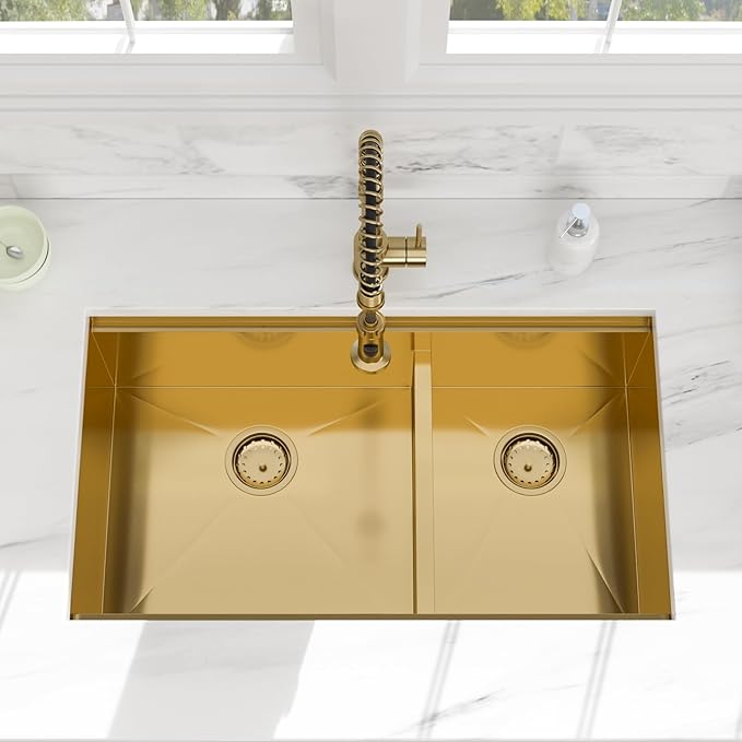 33 Gold Undermount Kitchen Sink - Beslend 33x19 Gold Double Bowl Kitchen Sinks Workstation 16 Gauge Stainless Steel Golden Sink Low Divide Double Basin 60/40