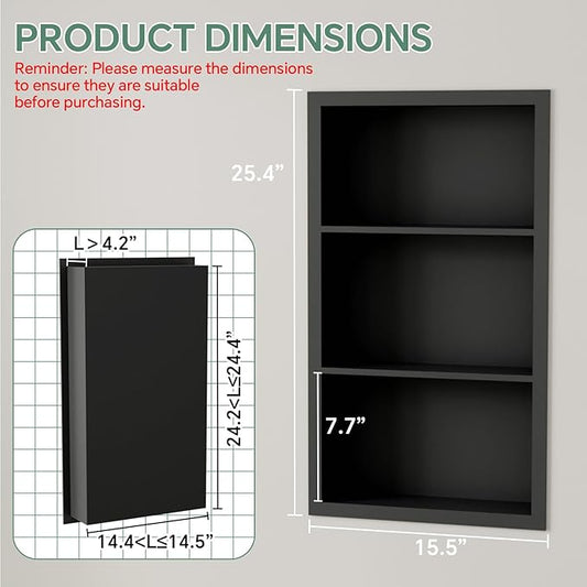 Stainless Steel Recessed Medicine Cabinet 14''*24'', Rust-Proof Metal Wall Niche, in Wall Shower Niche Shelf Insert Replacement, Recessed Medicine Cabinets for Drywall, Bathroom Storage, Black
