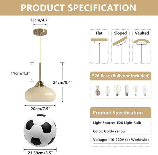 KCO Lighting Modern Globe Ceiling Light Brass Dome Pendant Light Yellow Glass Pendant Light Brushed Gold Pendant Lighting Adjustable Hanging Ceiling Light for Dining Room