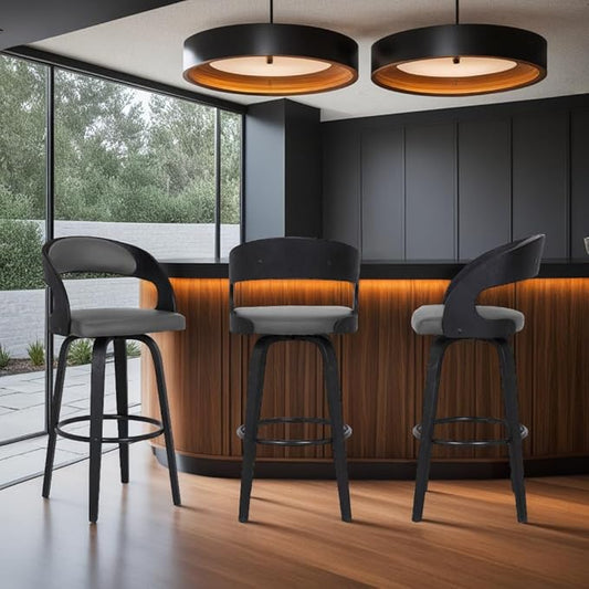 Armen Living Shelly 30" Bar Height Swivel Gray Faux Leather and Black Wood Bar Stool - Set of 3