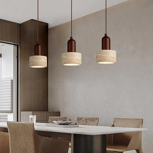 Japanese Wabi sabi Pendant Light with Natural Stone Shade, Dimmable Modern Wood Hanging Lamp Fixture, Adjustable Height Pendant Lamp for Bedroom, Kitchen Island, Dining Room, Restaurant, Cafe, Bar (A)