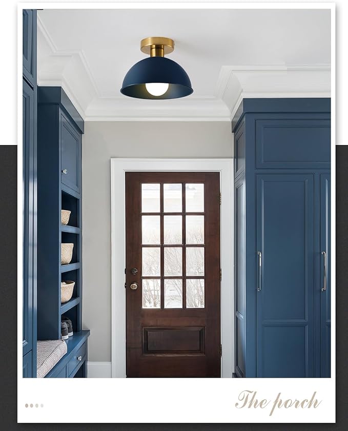 Industrial Semi Flush Mount Ceiling Light with Gold Plate and Blue Shade, Farmhouse Ceiling Light Fixture for Kitchen Island Dining Room Foyer Hallway Porch Barn Loft,10in