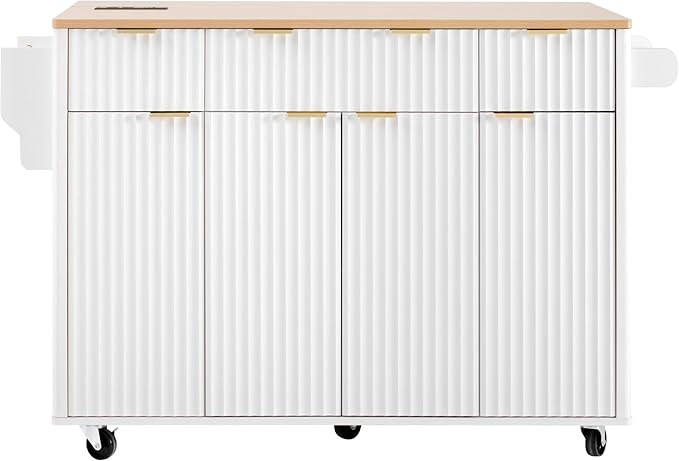 55.5" Fluted Kitchen Island with Power Outlet and Drop Leaf, Narrow Kitchen Island with Storage Srawers and 4 Doors, Rolling Island Table with Wood-grain Top, Curved Edge for Dining Room White