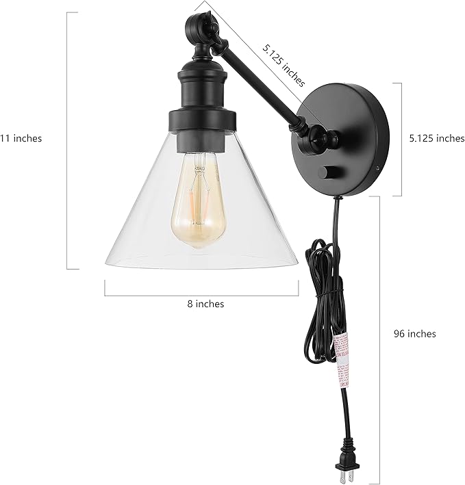 JONATHAN Y 8" Oil Rubbed Bronze Adjustable LED Wall Sconce, Plug-in Wall Lamp with Dimmer Switch, Clear Glass Shade for Bedroom Living Room Kitchen, LED Bulb Included (JYL7575A-SET2)
