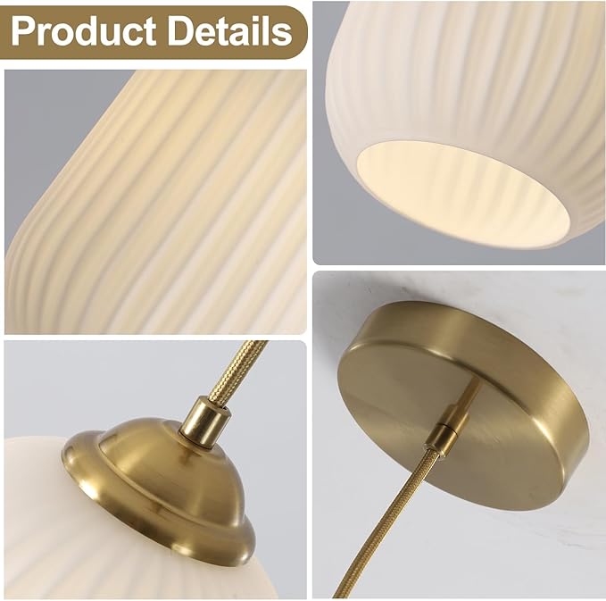 Milk Glass Cylinder Pendant Lights Kitchen Island Small Ribbed Hanging Light Brass Gold Pendant Lighting Fixtures Mid Century Modern Vintage Hanging Lamp (2 Pack)