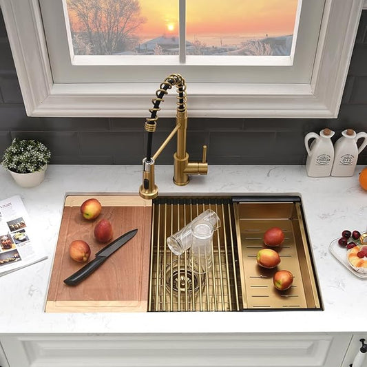 27 Inch Gold Undermount Kitchen Sink Workstation-VASOYO 27x19 Undermount Sinks 16 Gauge Stainless Steel Brushed Gold Single Bowl Deep Kitchen Sink with Cutting Board