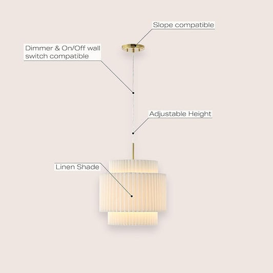 JONATHAN Y 14.5" Brass Gold and White 1-Light Iron Pendant Light, Vintage Mid-Century Modern with Pleated Linen Shade, Adjustable Height for Kitchen, LED Bulb Included JYL2408A